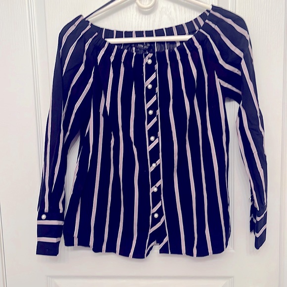 Zara Navy Blue Off-shoulder Blouse with Pearl Buttons Size S - Picture 1 of 2